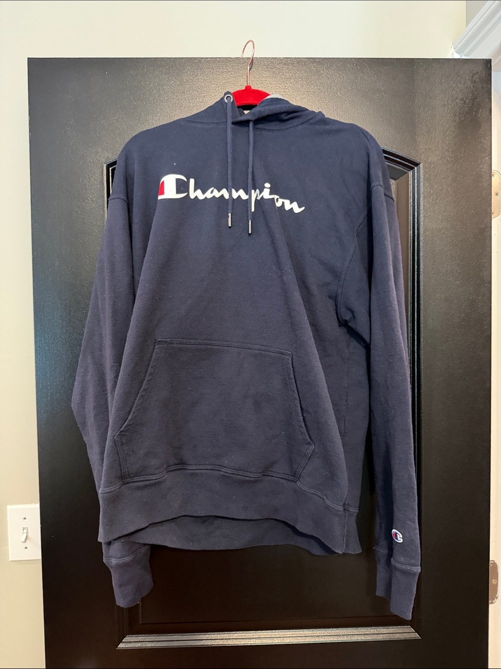 Champion Navy Crewneck Hoodie with White Script and Red Accent